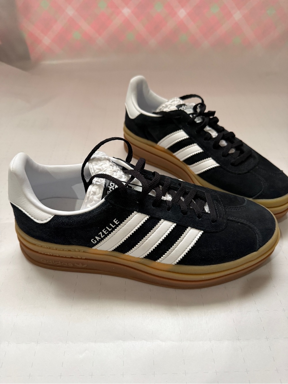 adidas bold Gazelle Black Suede Sneakers with White Stripes and Gum Sole